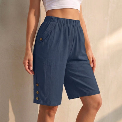 Women's High-Waist Knee-Length Shorts Button Accents - 
Fashinoza