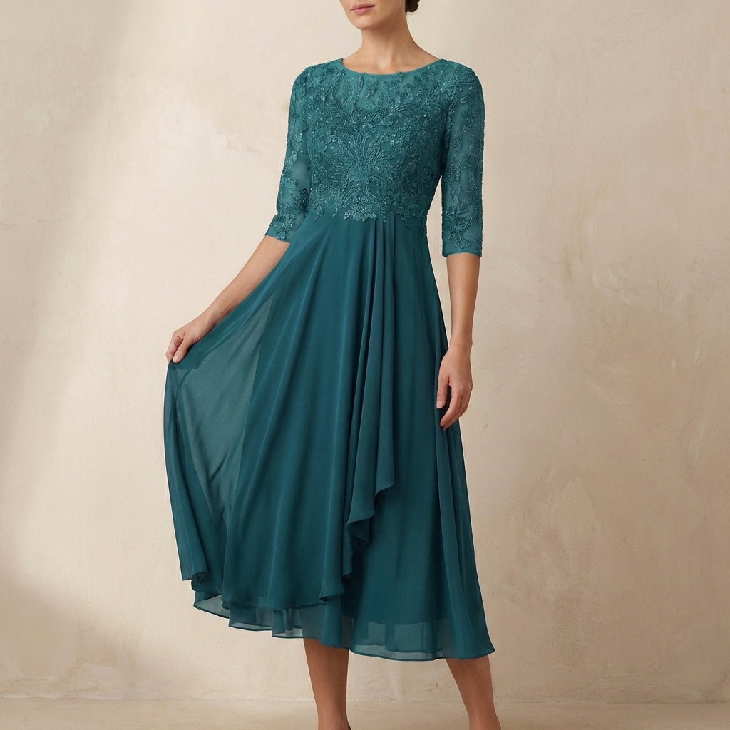 Women's Embroidered Midi Dress Sheer Sleeves Pockets