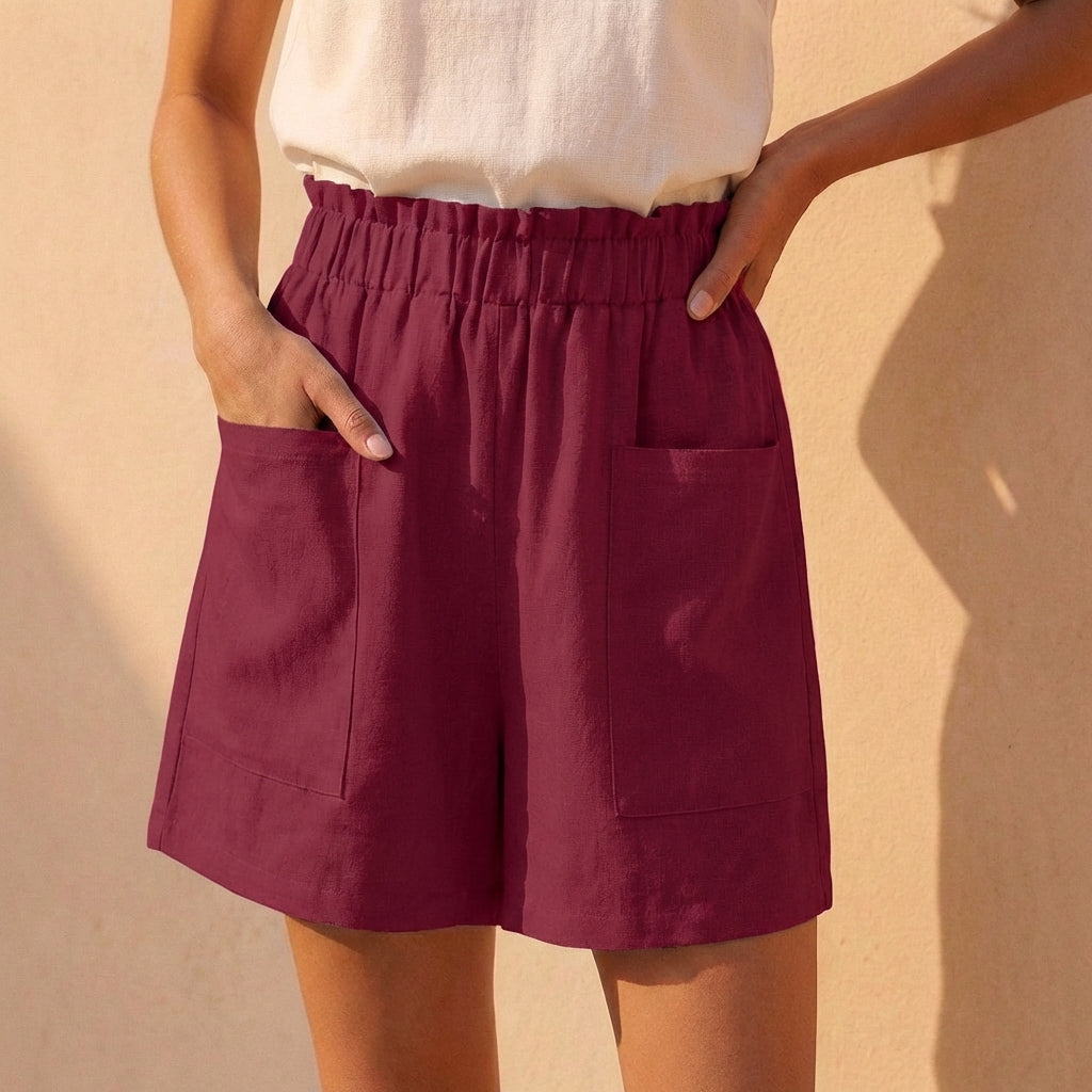 Women's Relaxed Fit Paperbag Shorts Cotton Casual Beige - 
Fashinoza