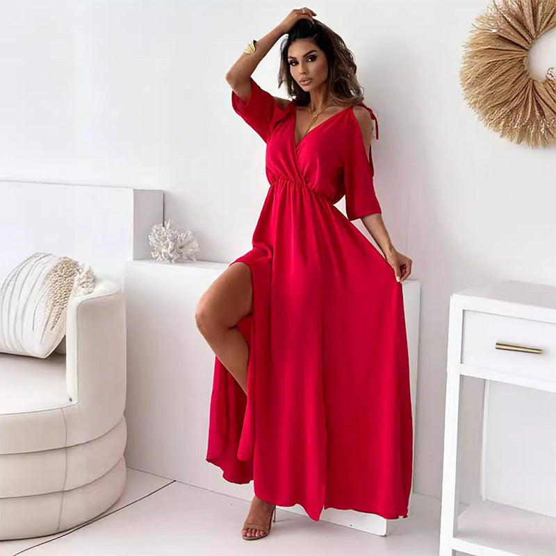 Women's V-Neck Dress with Side Split - 
Fashinoza
