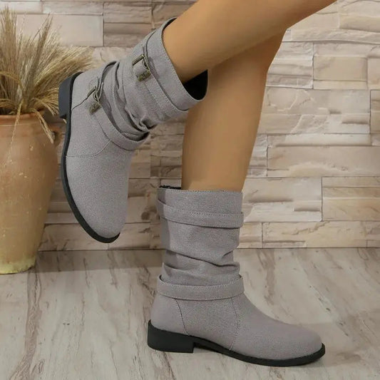 Women's Denim Ankle Boots Buckle Detail Comfortable - 
Fashinoza