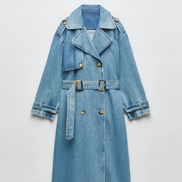 Women's Denim Trench Coat Oversized Buttons Blue