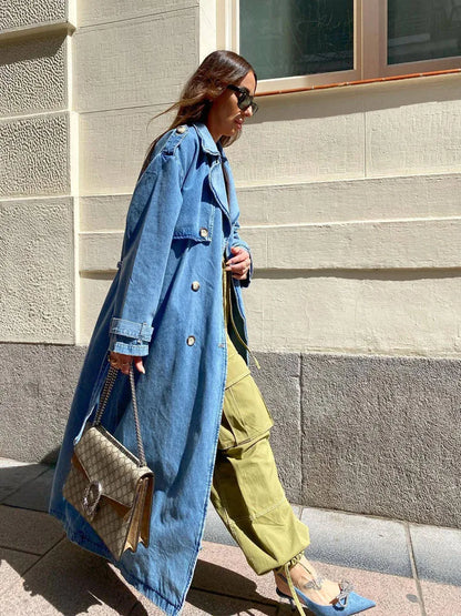 Women's Denim Trench Coat Oversized Buttons Blue