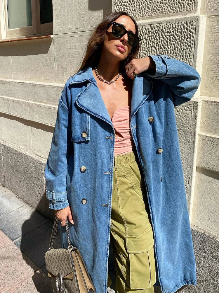 Women's Denim Trench Coat Oversized Buttons Blue