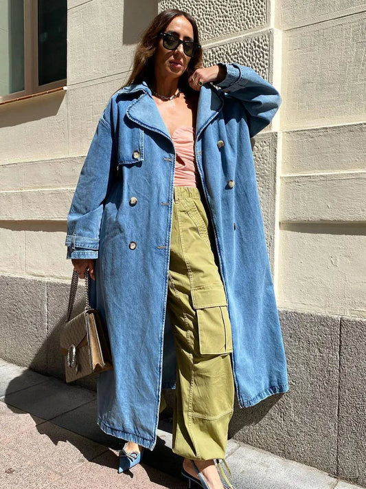Women's Denim Trench Coat Oversized Buttons Blue - Fashinoza