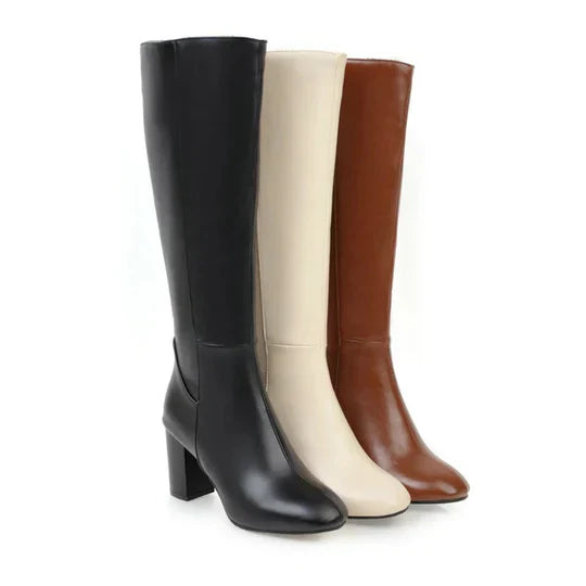 Women's Knee High Heeled Boots Zipper Black - Fashinoza