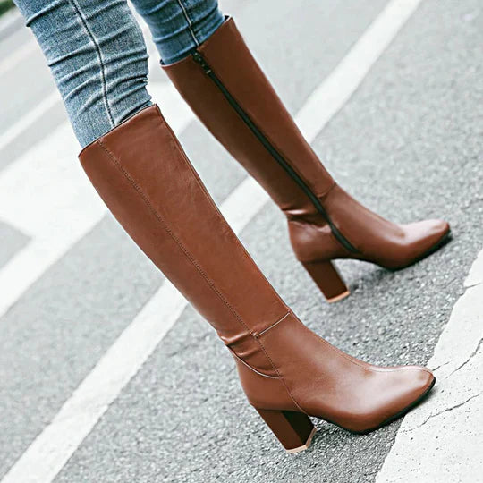 Women's Knee High Heeled Boots Zipper Black