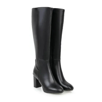 Women's Knee High Heeled Boots Zipper Black