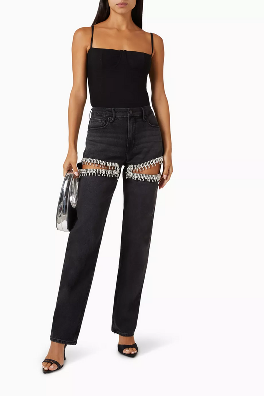Women's Crystal Embellished Slit Jeans - 
Fashinoza