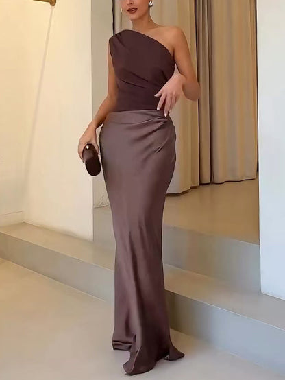 Women's One Shoulder Pleated Maxi Dress