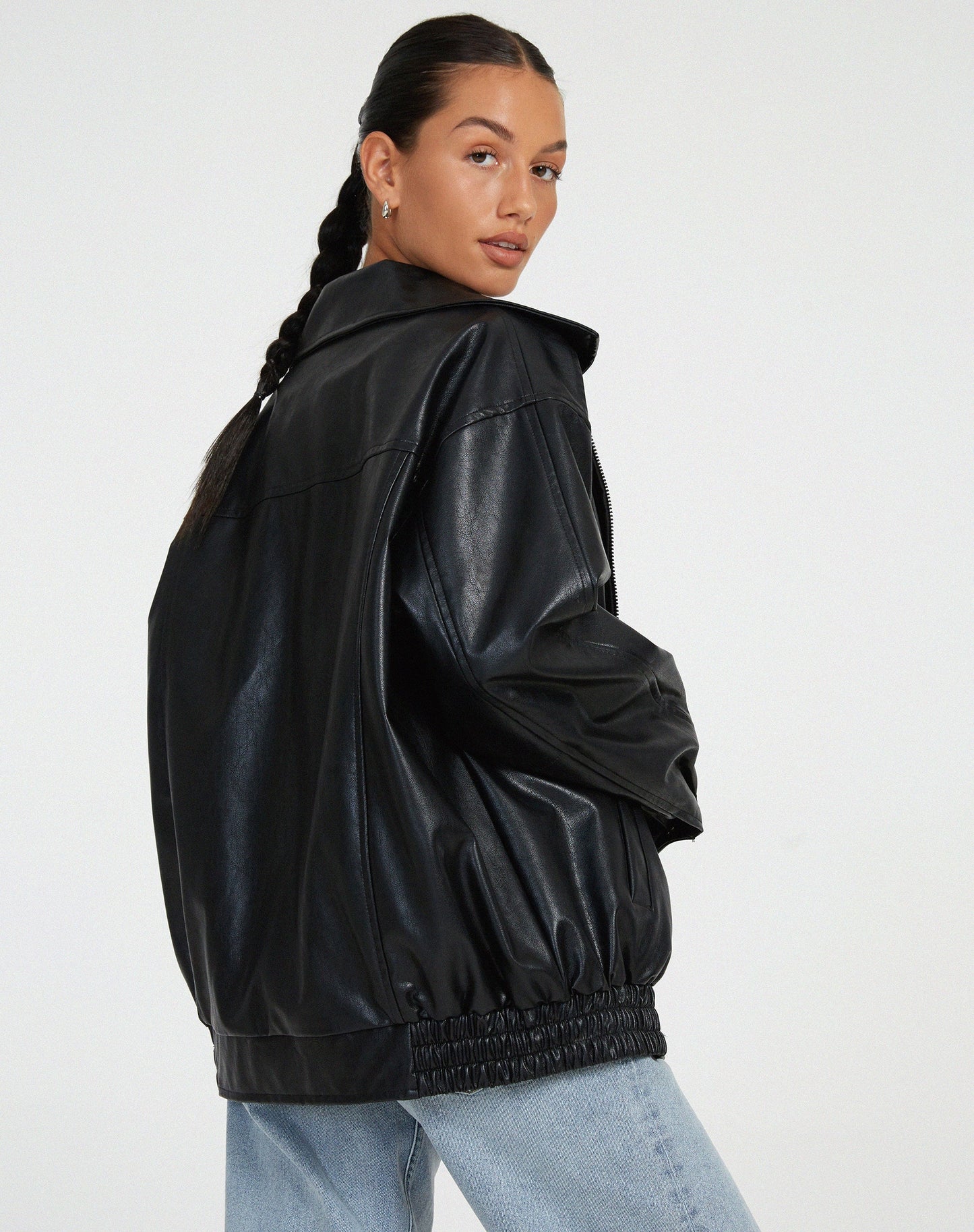 Women's Leather Zip Up Jacket High Collar Relaxed Fit Black