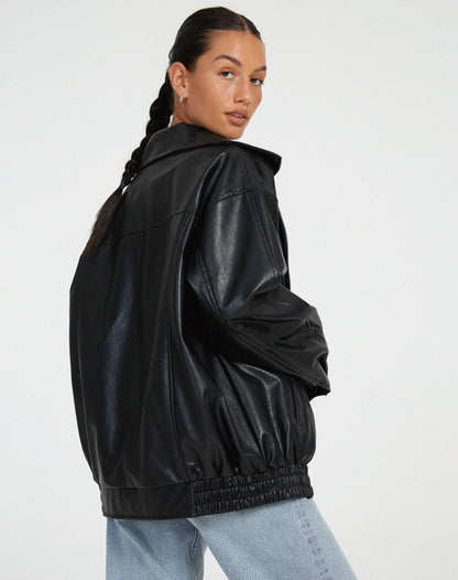 Women's Leather Zip Up Jacket High Collar Relaxed Fit Black