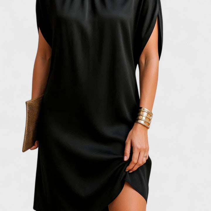 Women's Mock Neck Mini Dress Split Sleeve Black