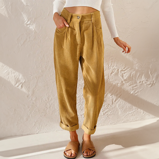 Women's High-Waisted Pleated Trousers Cuffed Hems - 
Fashinoza