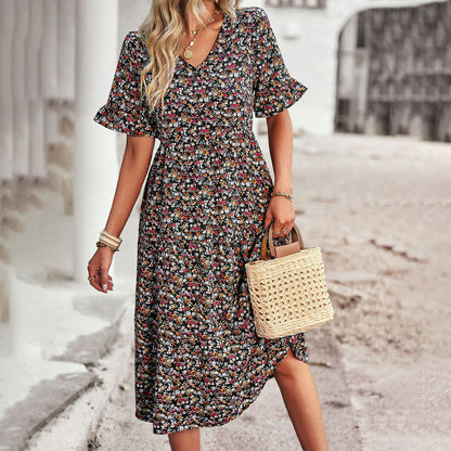 Women's Floral Midi Dress Summer Floral Print