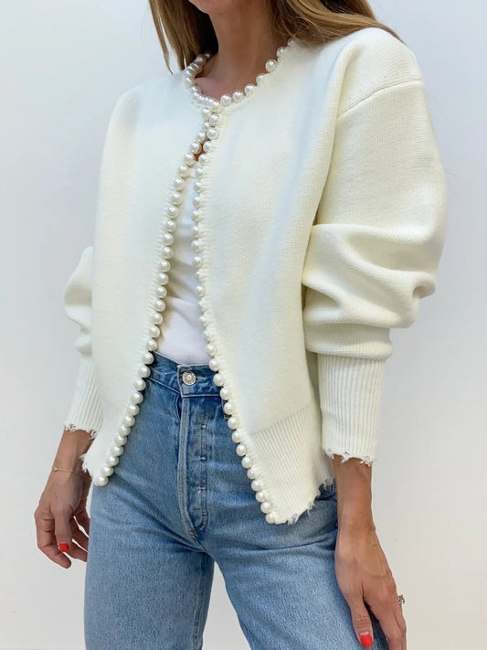 Women's Pearl Trim Cardigan Sweater - 
Fashinoza