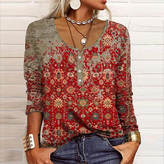 Women's Long Sleeve V-Neck Blouse Boho Print - Fashinoza