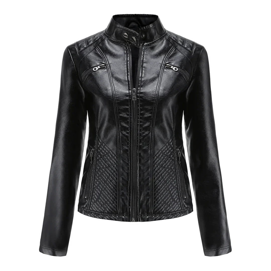 Women's Faux Leather Biker Jacket Classic Design - Fashinoza