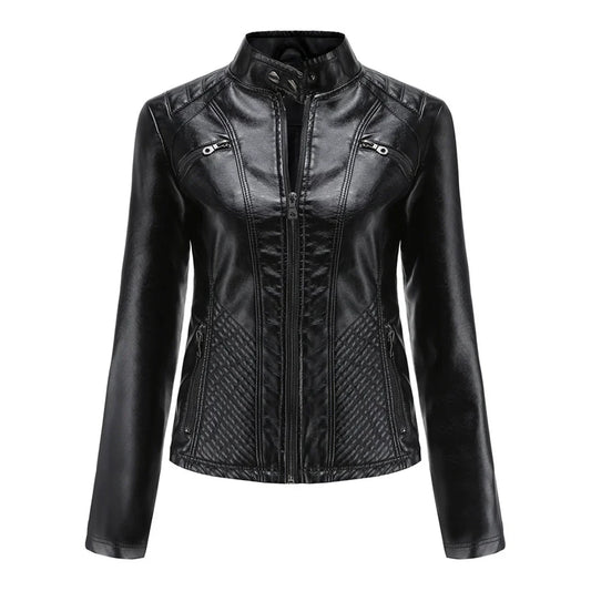 Women's Faux Leather Biker Jacket Classic Design - Fashinoza