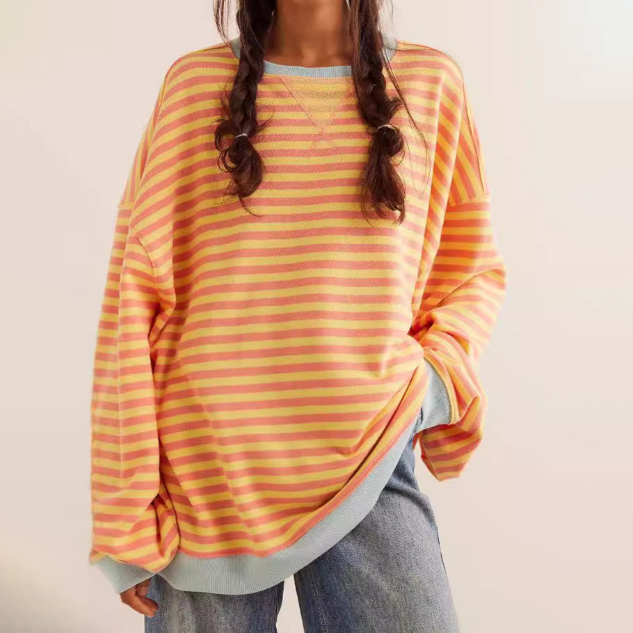 Women's Striped Tunic Sweatshirt Ribbed Oversized Cozy - 
Fashinoza