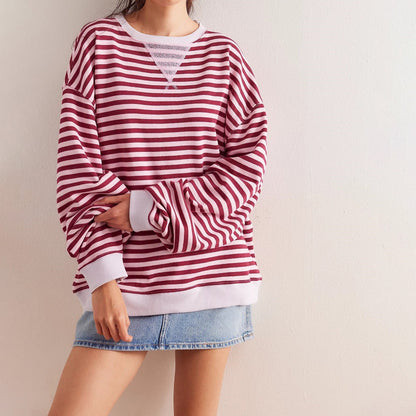 Oversized Striped Ribbed Tunic Sweatshirt for Women – Cozy Casual Comfort Caliboot