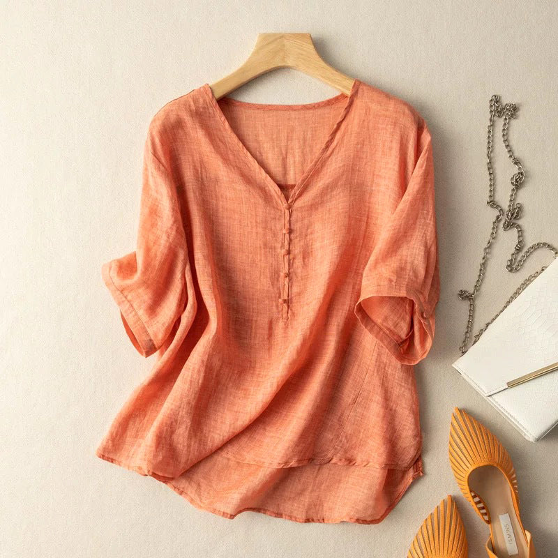 Women's Linen V-Neck Henley Blouse - 
Fashinoza