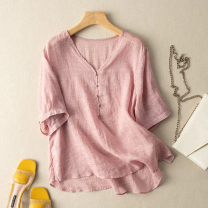 Women's Linen V-Neck Henley Blouse
