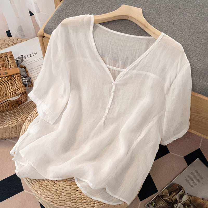 Women's Linen V-Neck Henley Blouse
