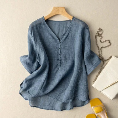 Women's Linen V-Neck Henley Blouse