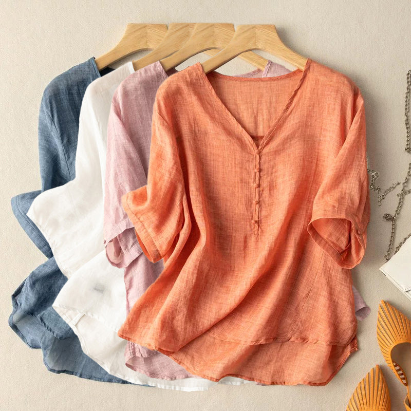 Women's Linen V-Neck Henley Blouse