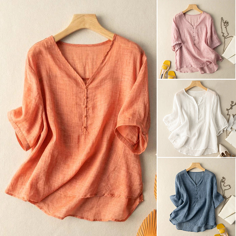 Women's Linen V-Neck Henley Blouse