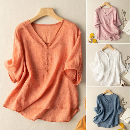 Women's Linen V-Neck Henley Blouse