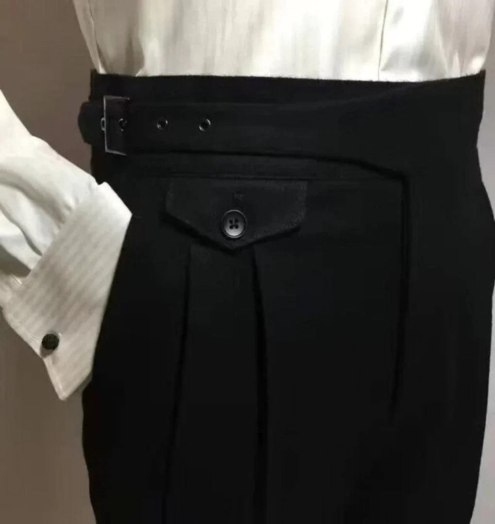 Men's Wool Trousers With Belt Formal Black - Fashinoza