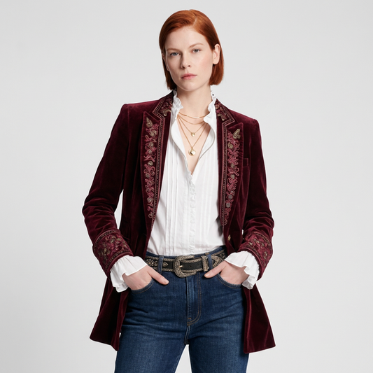 Women's Embroidered Long Blazer Jacket - Fashinoza