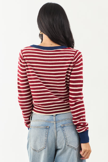 Women's Striped Cardigan Maroon Cream Button Down