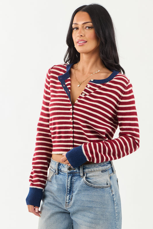 Women's Striped Cardigan Maroon Cream Button Down - Fashinoza