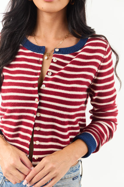 Women's Striped Cardigan Maroon Cream Button Down