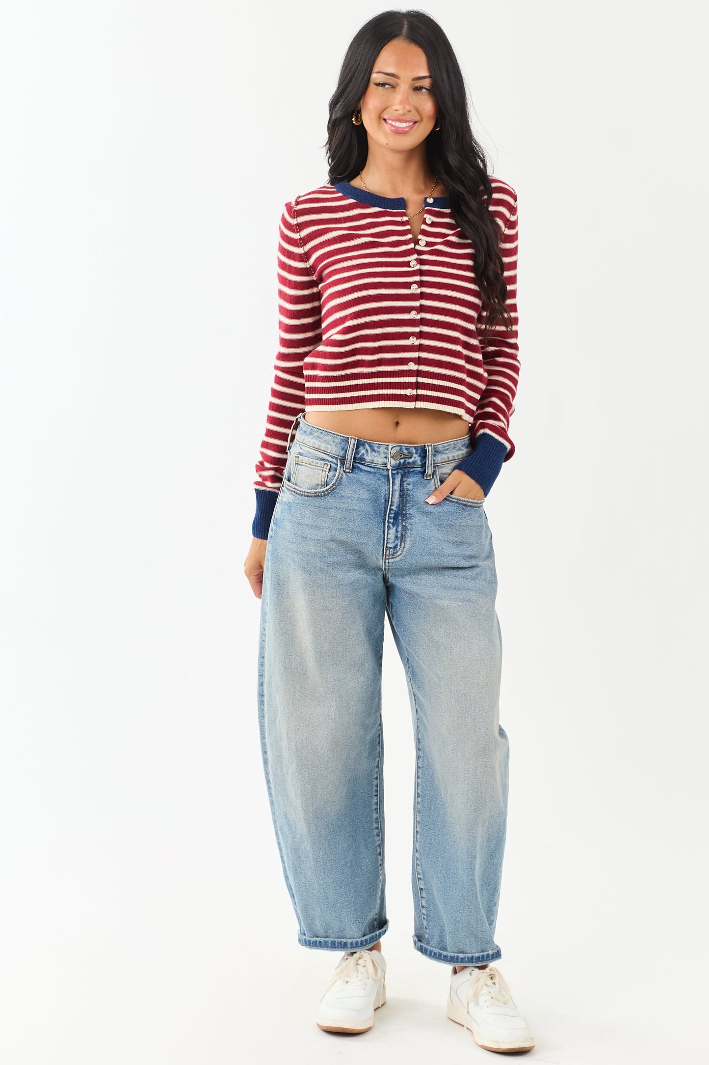 Women's Striped Cardigan Maroon Cream Button Down