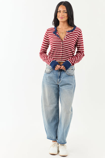 Women's Striped Cardigan Maroon Cream Button Down