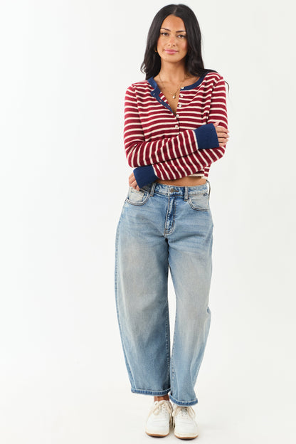 Women's Striped Cardigan Maroon Cream Button Down