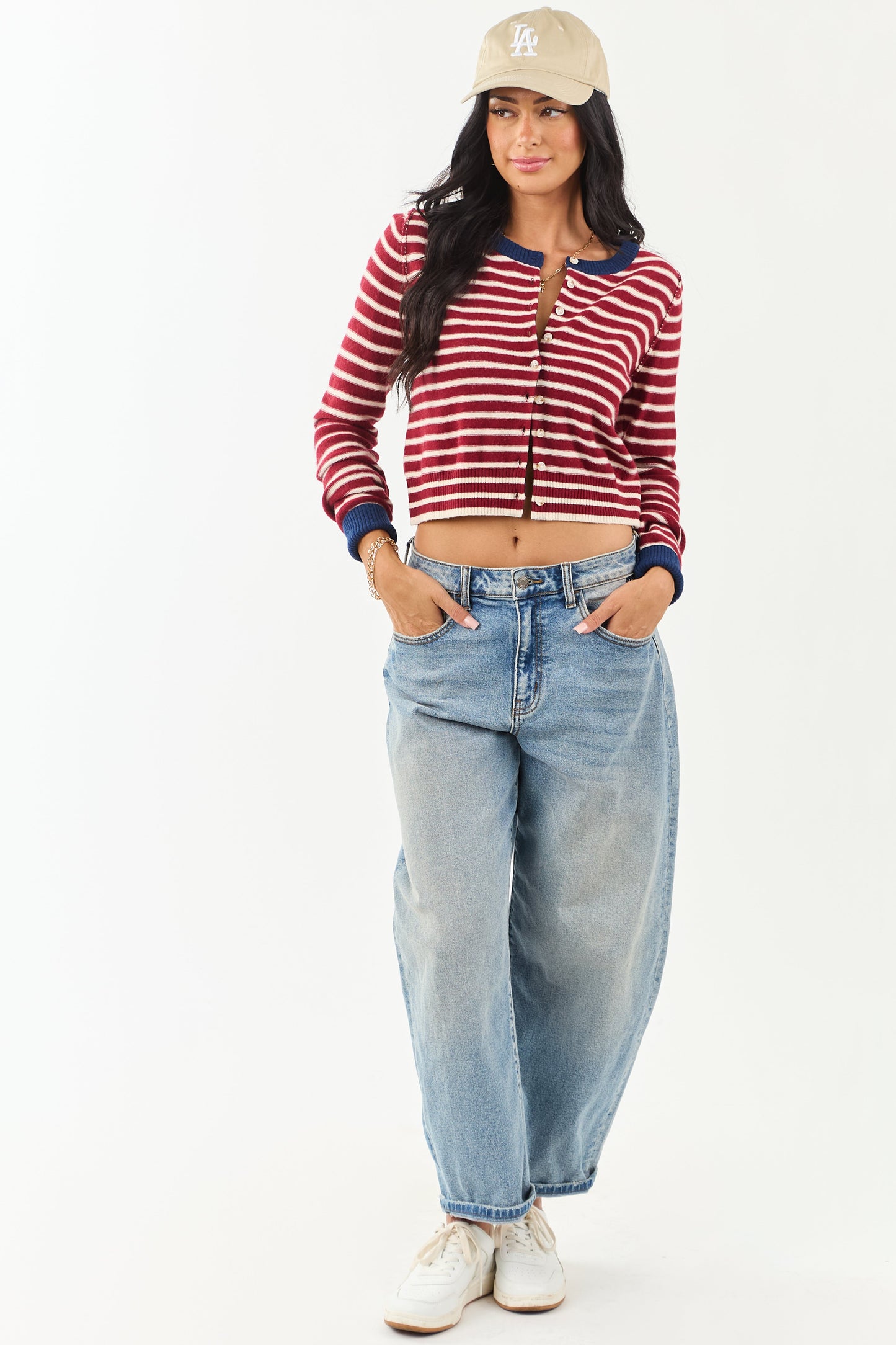 Women's Striped Cardigan Maroon Cream Button Down