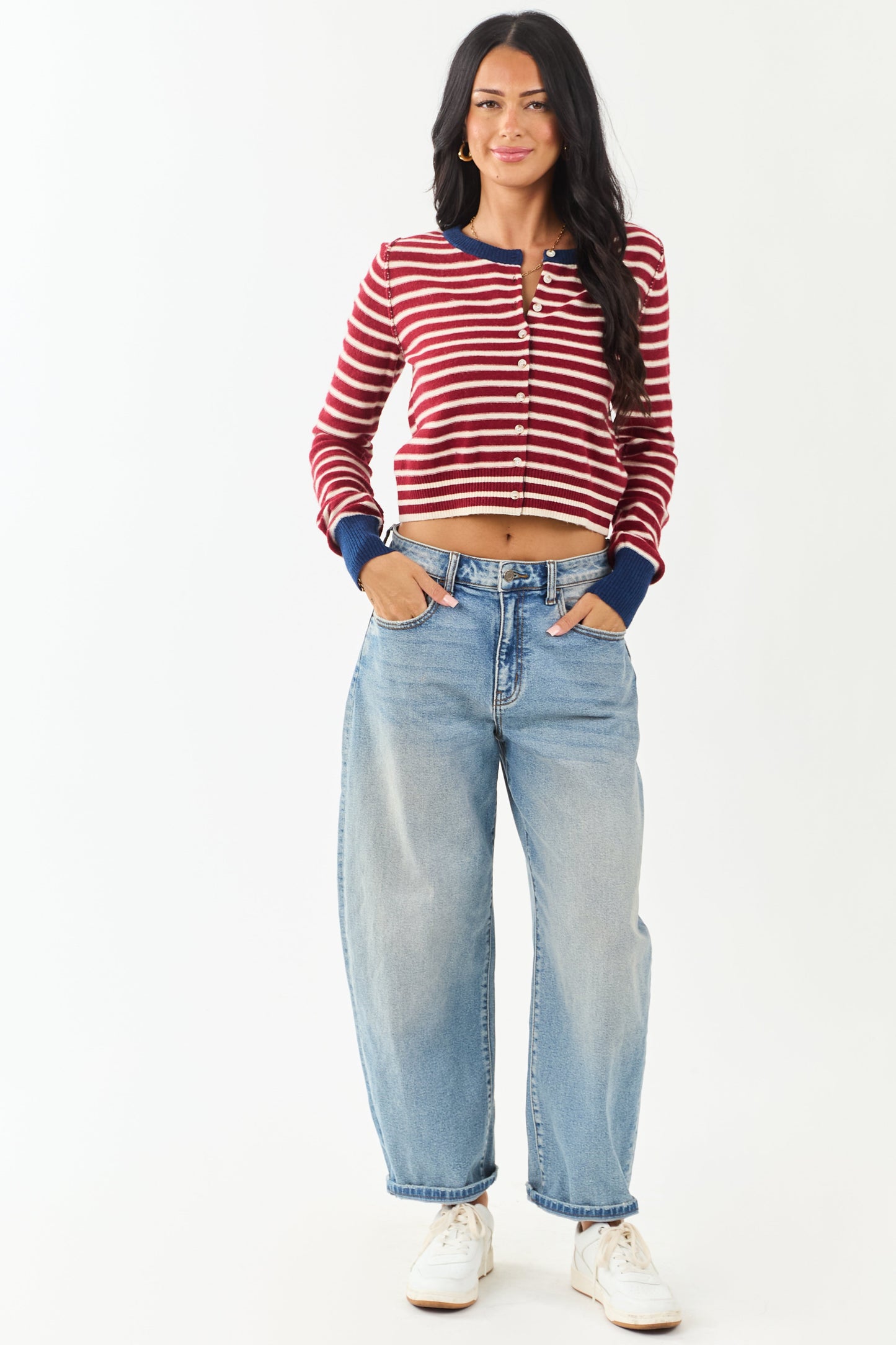 Women's Striped Cardigan Maroon Cream Button Down