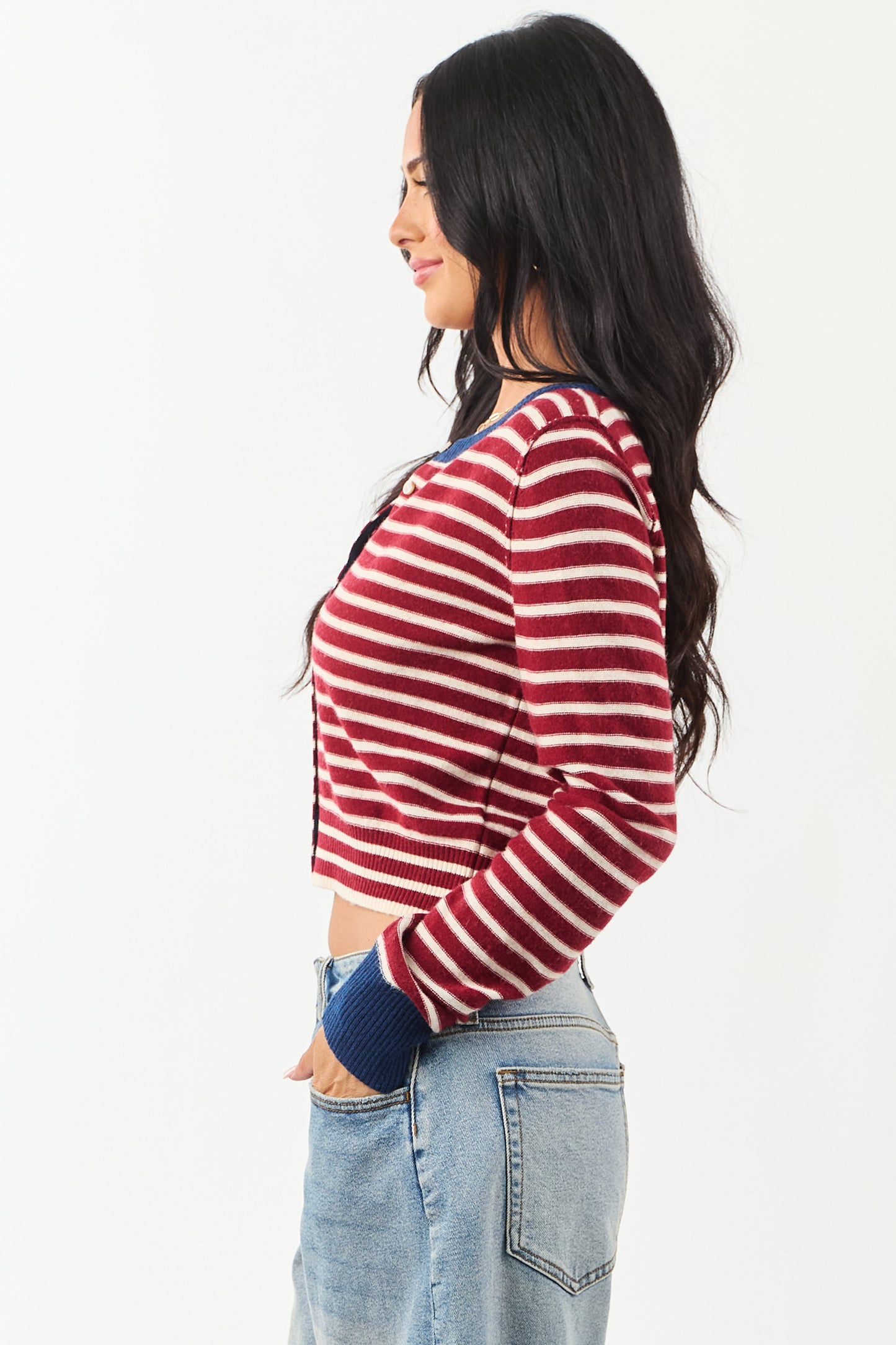 Women's Striped Cardigan Maroon Cream Button Down