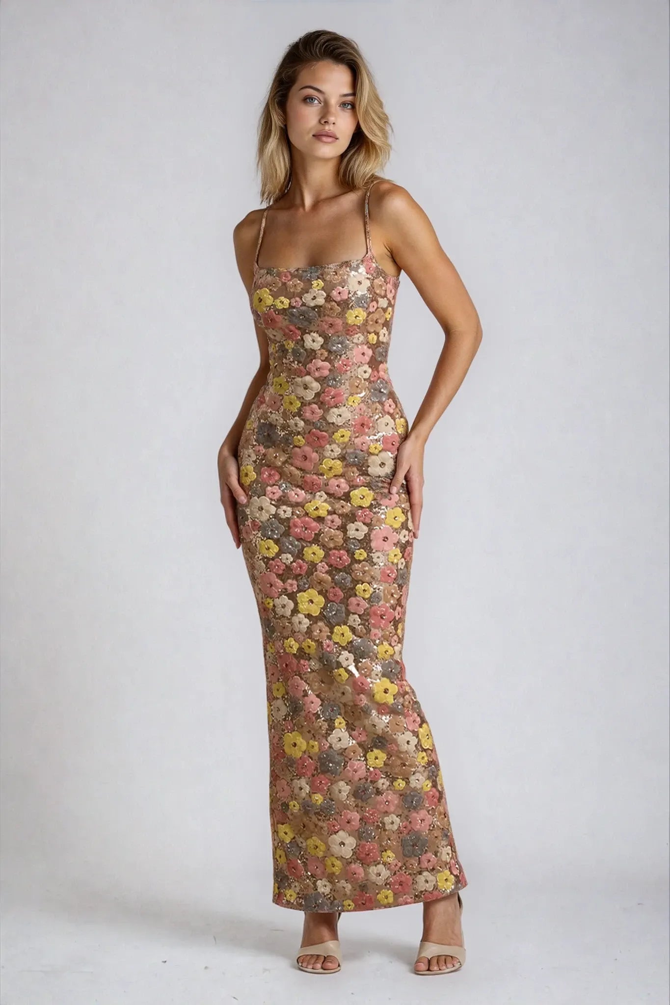 Elegant Floral Sequin Maxi Gown