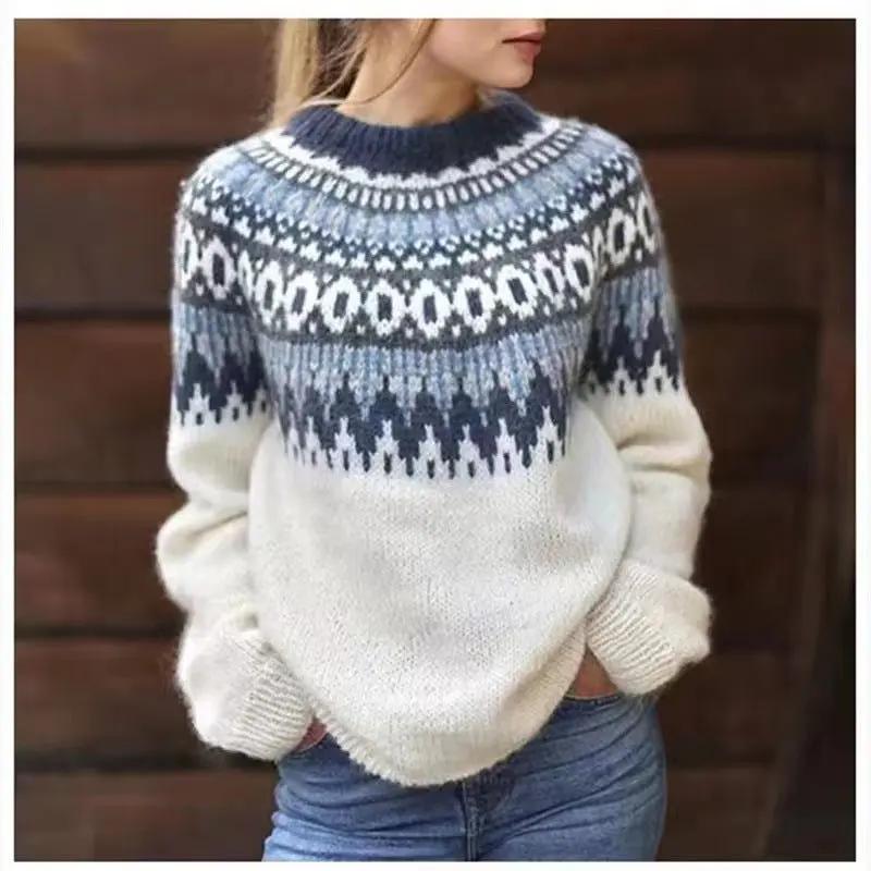Women's Fair Isle Crew Neck Sweater Cozy - 
Fashinoza