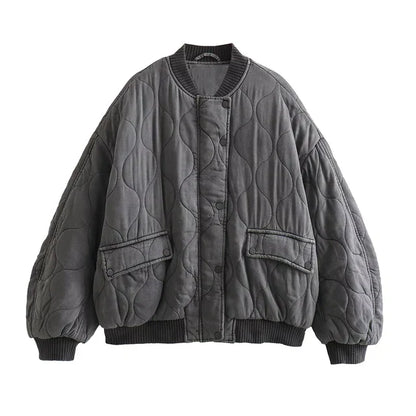 Women's Quilted Bomber Jacket Oversized Snap Button Black - Fashinoza