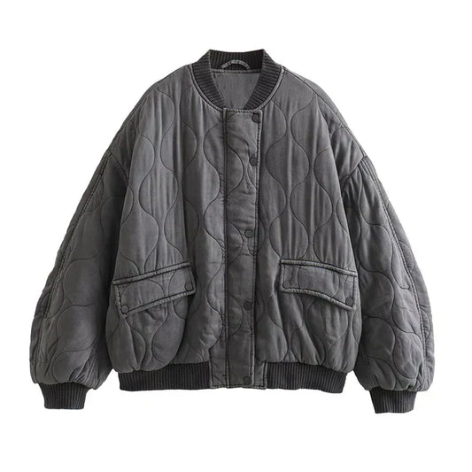 Women's Quilted Bomber Jacket Oversized Snap Button Black - Fashinoza