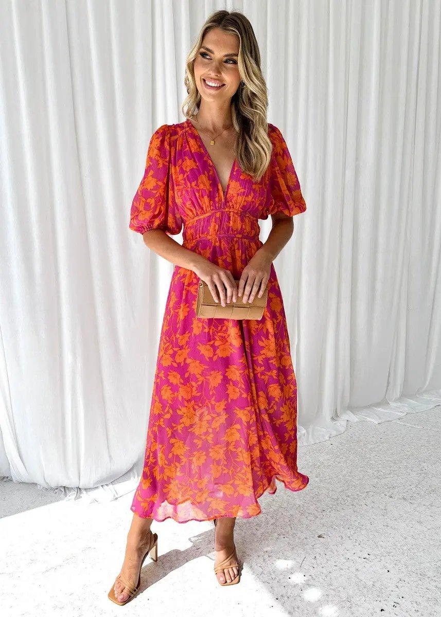 Women's Floral Midi Dress Lightweight Summer - 
Fashinoza