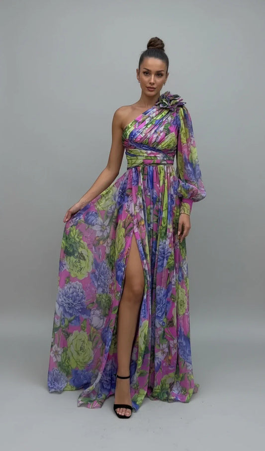 Women's Floral One Shoulder Maxi Dress - Fashinoza