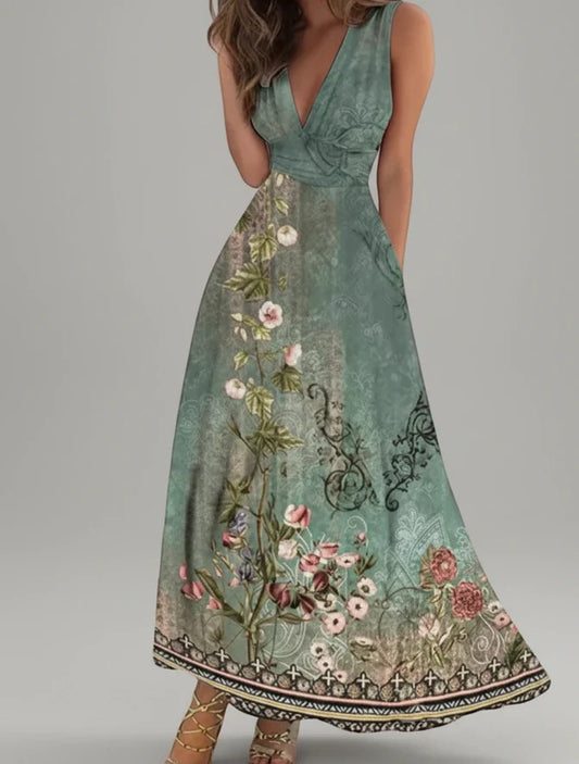 Women's Floral A-Line Midi Dress V-Neck - Fashinoza